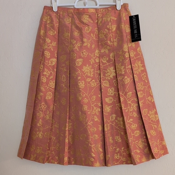 NWT Lafayette 148 Silk Skirt NY Pink Gold Midi A-Line...